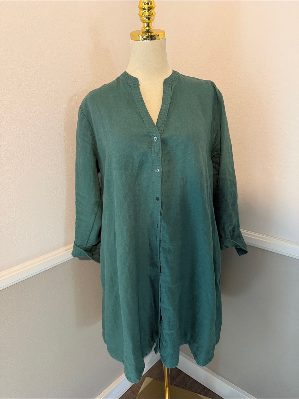 Joie Deep Green Linen V-Neck Button tunic dress